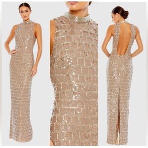 Mac Duggal Champagne Sequin Open-Back Maxi Dress